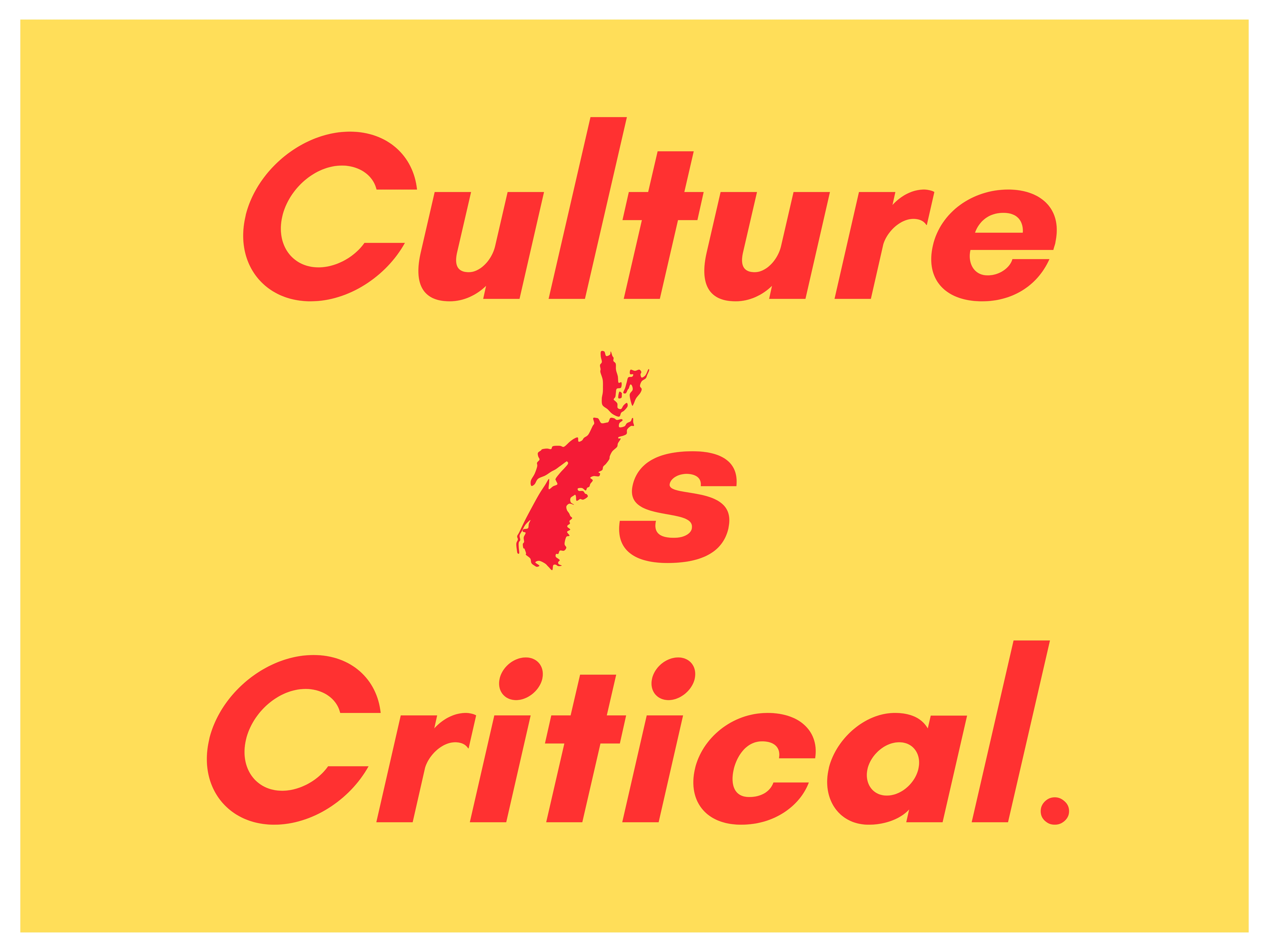 yellow background. red text in the centre of the image that says "Culture is Critical". The letter "I" in the word "is" is a map of Nova Scotia, turned on its end.