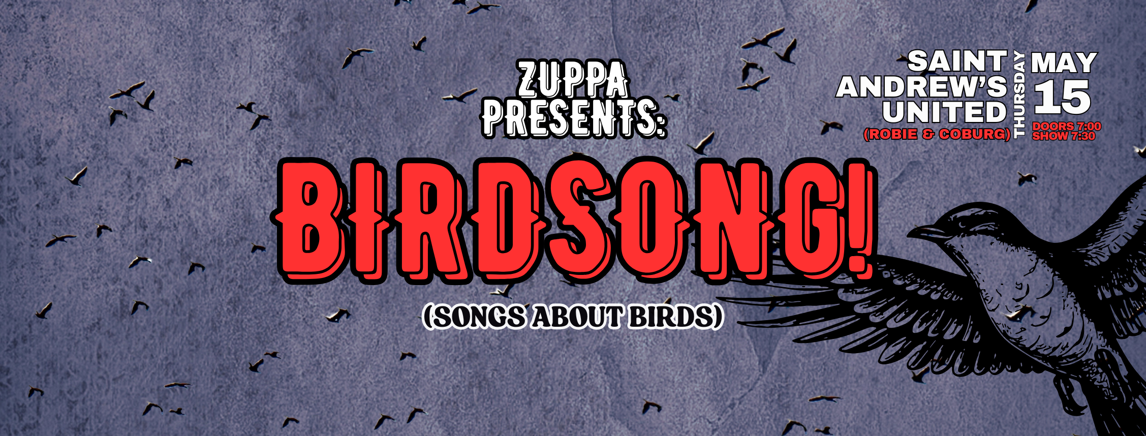 The centre of the design is the text: Birdsong! in bright red. On the left hand side is a pencil sketch of a bird. 