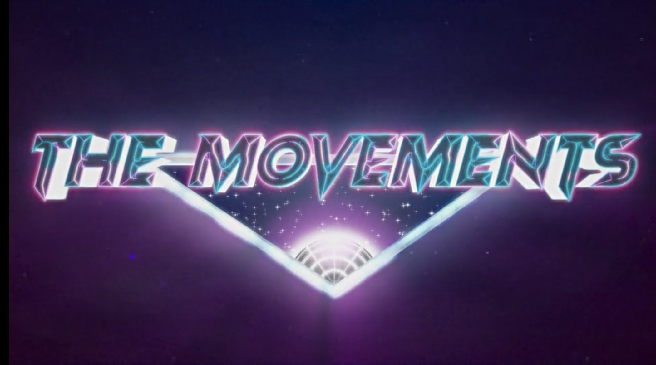 A very 1980's style font. The background is a slightly grainy purple black, with the words THE MOVEMENTS in black, turquoise, purple and pink. 