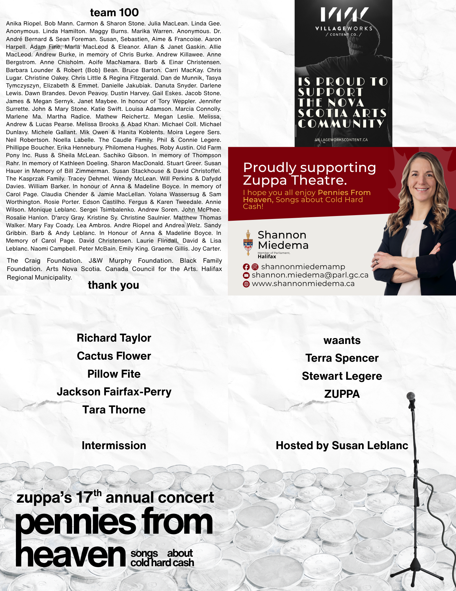 Page one of a program for our fundraiser, Pennies From Heaven: Songs About Cold Hard Cash. A list of sponsors and running order for the show. 