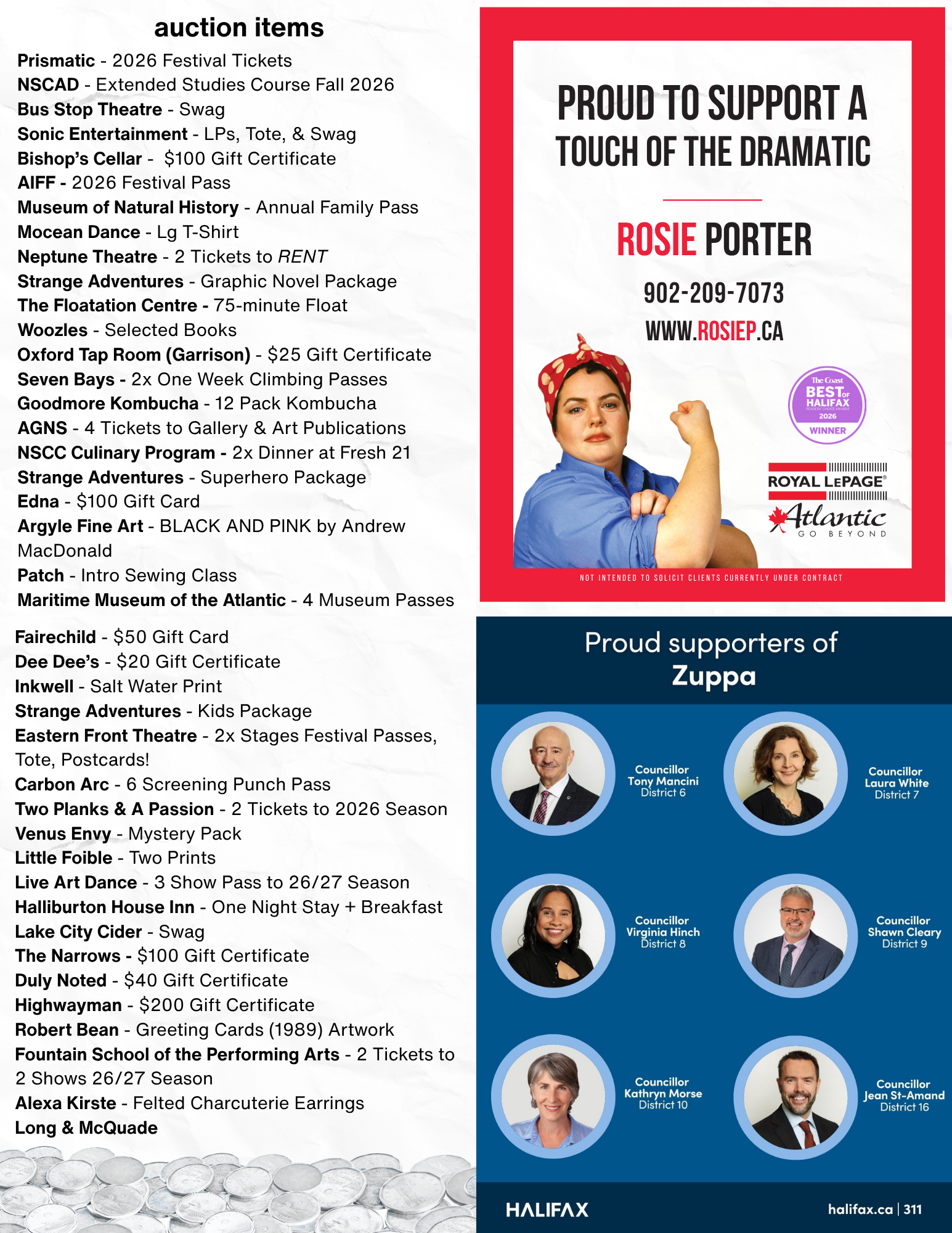 Page two of a program for our fundraiser, Pennies From Heaven: Songs About Cold Hard Cash. A list of sponsors and running order for the show. 