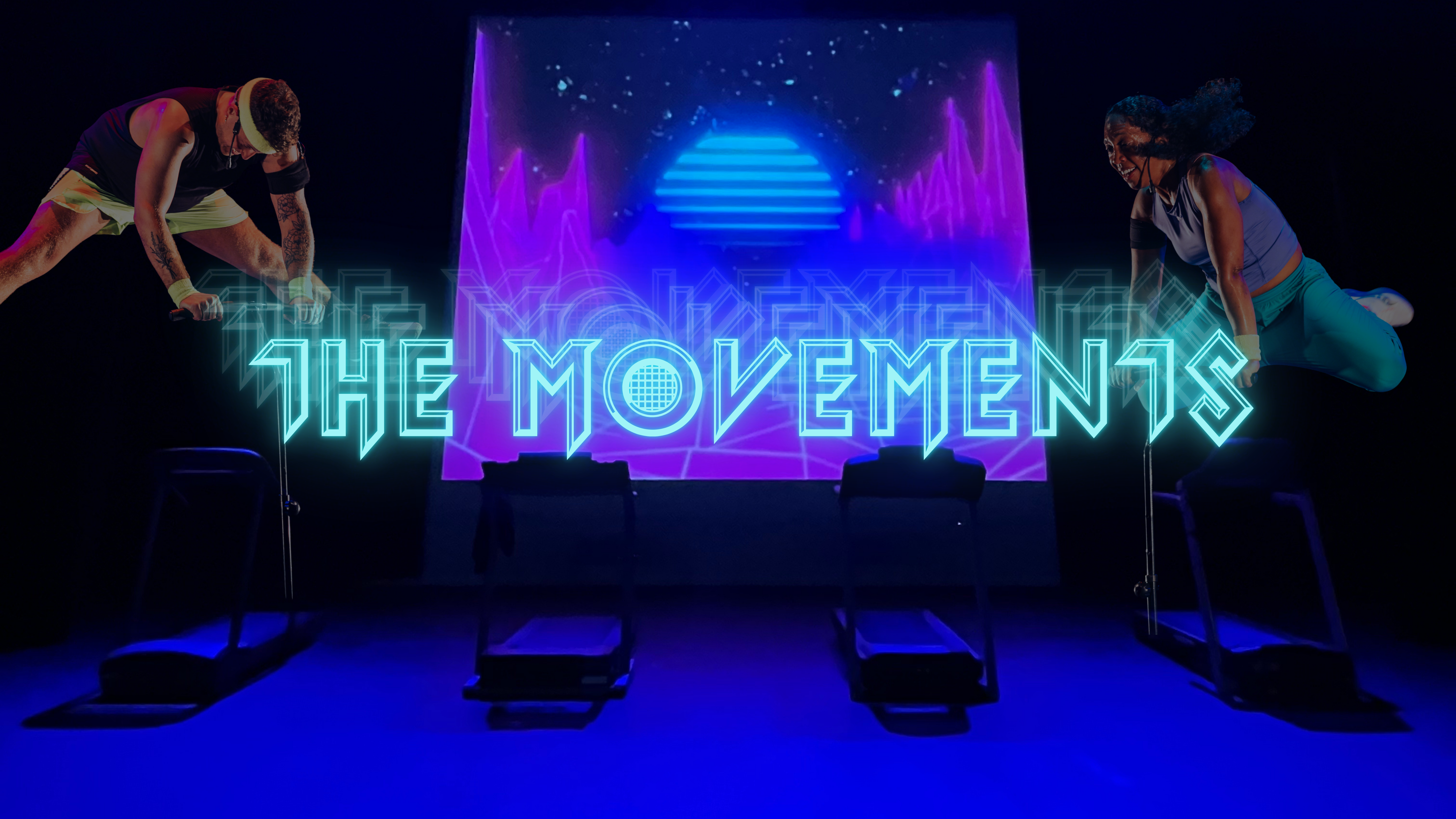 A dark and moody blackish background. A projection screen with neon pink digital mountains at the edge, with a blue slatted sun in the middle. Four treadmills are positioned equal distance apart from each other in front of the screen. On the left and right hand sides of the picture, sportily dressed people leap into the air from mini-trampolines. In the centre of the photo, in futuristic, glowing blue text, "The Movements" 