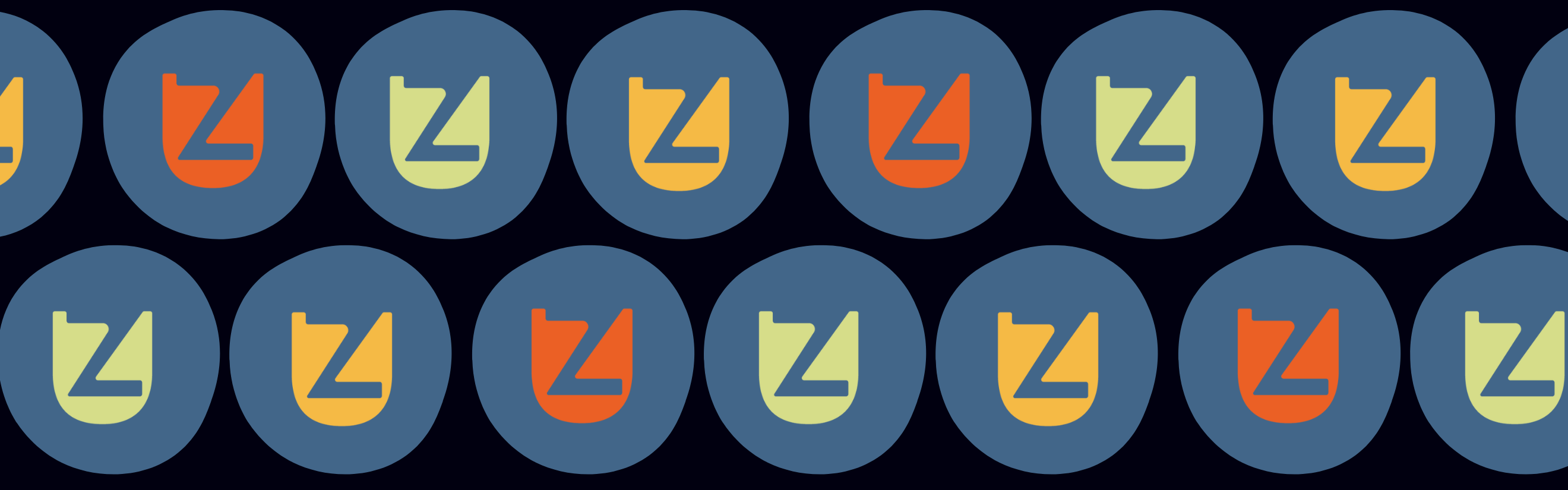 a black background. a series of grey/blue circles. inside each circle, a different coloured zuppa logo, just the "z". in burnt orange, green and goldenrod.
